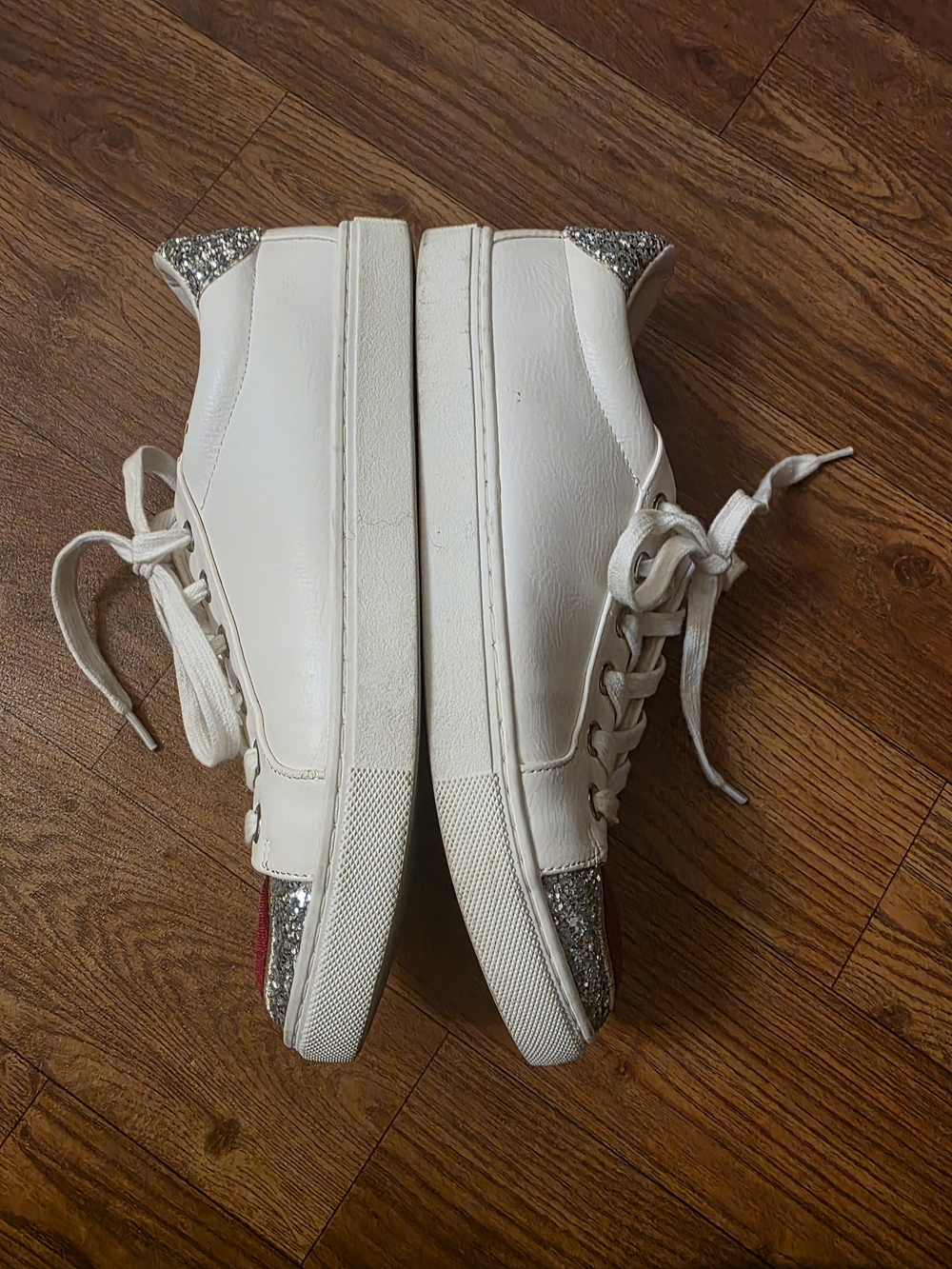 Betsey Johnson White Sneakers with Red Velvet Heart and Silver Glitter - Picture 4 of 5